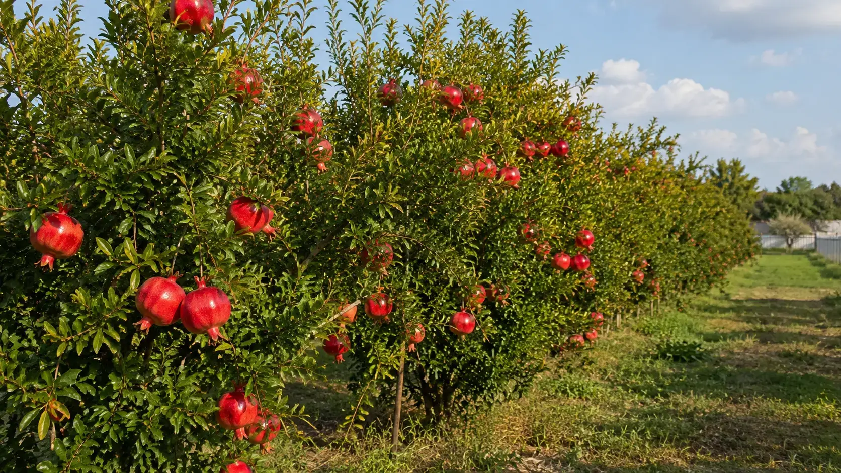 Фото: ряд гранатових дерев у саду, плоди на гілках